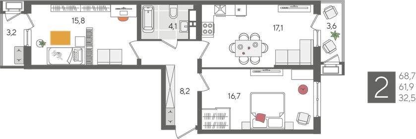 Квартира 68,7 м², 2-комнатная - изображение 2