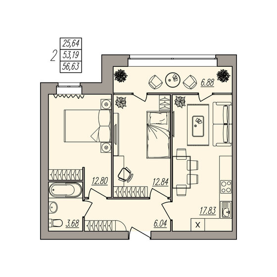 56,6 м², 2-комнатная квартира 7 928 200 ₽ - изображение 1