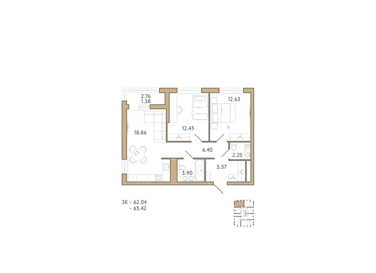 63,4 м², 3-комнатная квартира 7 673 820 ₽ - изображение 1