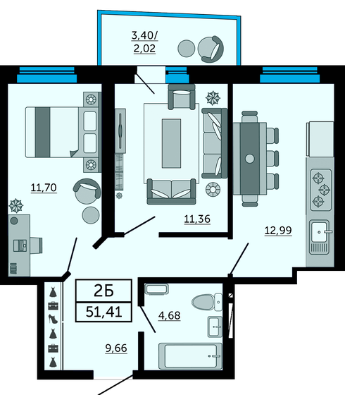 51,4 м², 2-комнатная квартира 8 071 370 ₽ - изображение 1