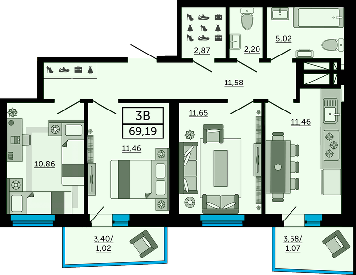 69,2 м², 3-комнатная квартира 11 070 400 ₽ - изображение 1