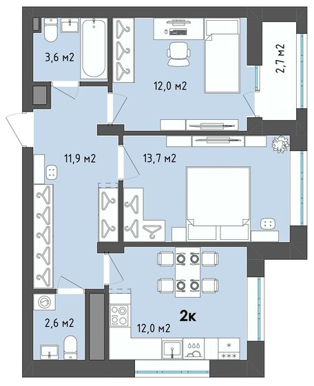 57,3 м², 2-комнатная квартира 7 016 385 ₽ - изображение 1