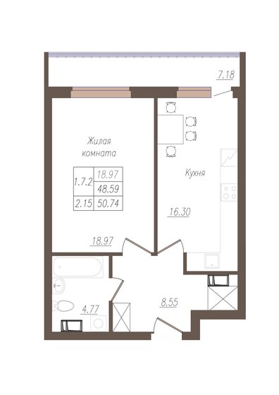 50,7 м², 1-комнатная квартира 4 745 459 ₽ - изображение 1