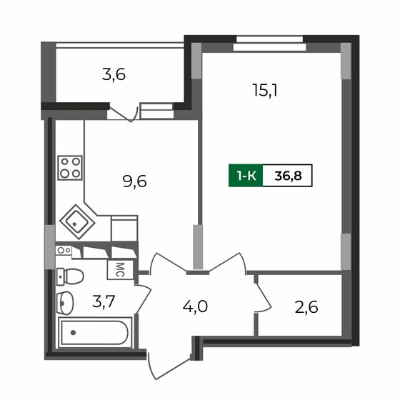 36,8 м², 1-комнатная квартира 3 496 000 ₽ - изображение 1