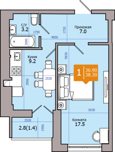 38,3 м², 1-комнатная квартира 4 825 800 ₽ - изображение 1