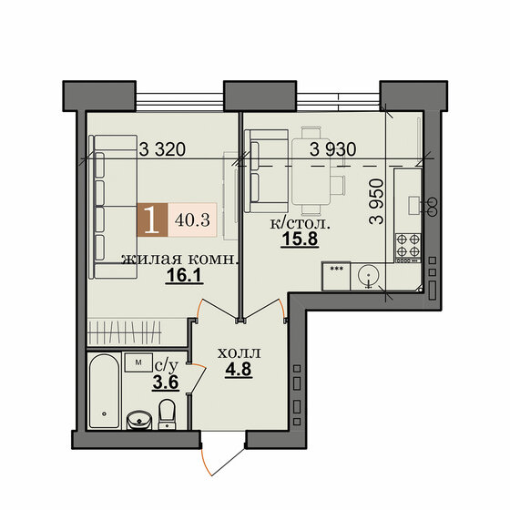 40,3 м², 1-комнатная квартира 3 770 000 ₽ - изображение 1