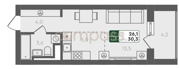 Квартира 30,3 м², студия - изображение 1