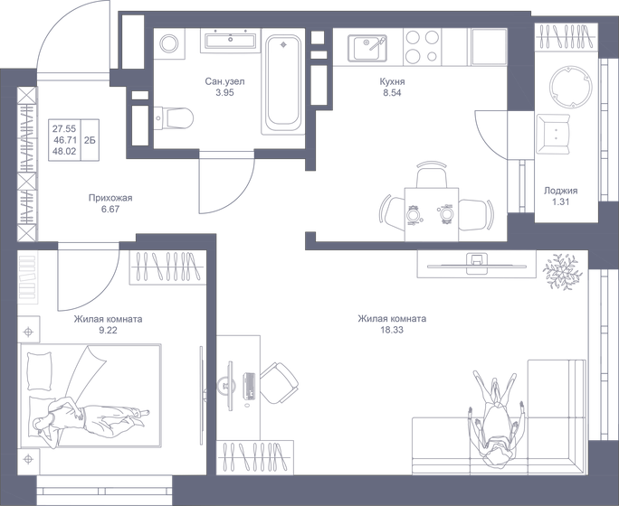 48 м², 2-комнатная квартира 10 180 240 ₽ - изображение 1