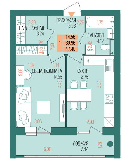 47,4 м², 1-комнатная квартира 5 418 090 ₽ - изображение 32