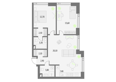 Квартира 68,4 м², 2-комнатная - изображение 1