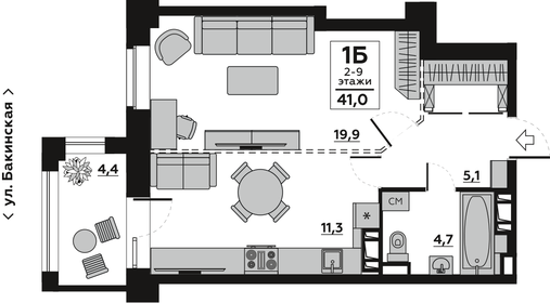 Квартира 43,4 м², 1-комнатная - изображение 1