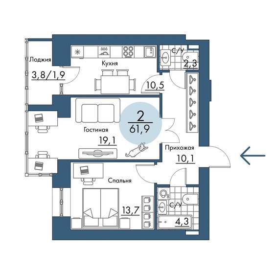 61,9 м², 2-комнатная квартира 10 461 100 ₽ - изображение 1