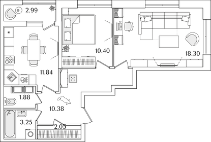 Квартира 59,6 м², 2-комнатная - изображение 1