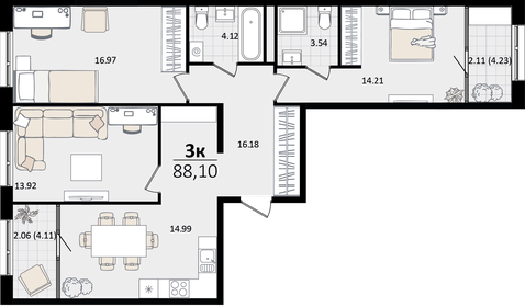 Квартира 88,1 м², 3-комнатная - изображение 1