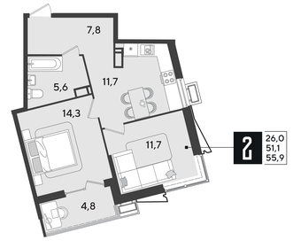 56,2 м², 2-комнатная квартира 6 766 480 ₽ - изображение 2