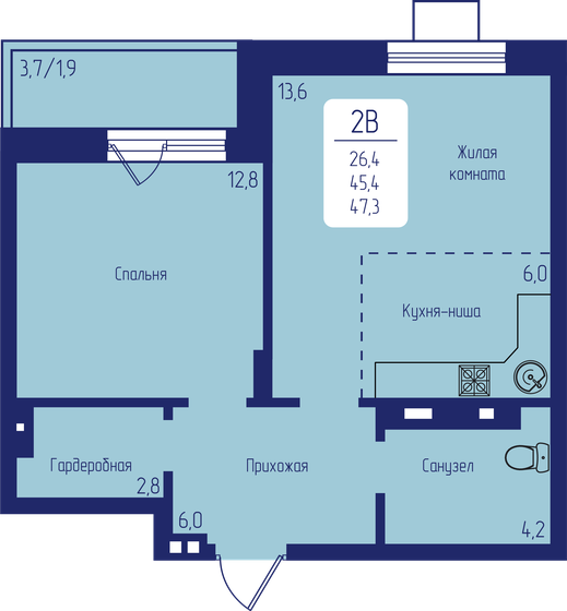 47,3 м², 2-комнатная квартира 7 662 600 ₽ - изображение 1