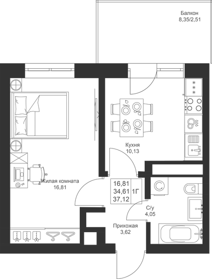 37,1 м², 1-комнатная квартира 6 533 120 ₽ - изображение 1