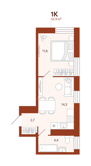 32,9 м², 1-комнатная квартира 4 955 000 ₽ - изображение 1