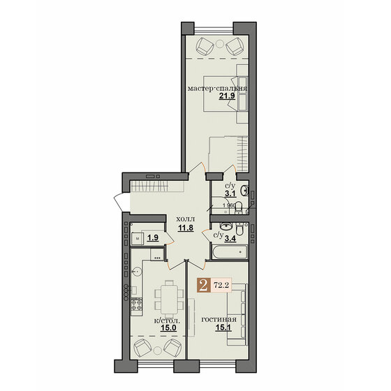 72,2 м², 2-комнатная квартира 6 430 000 ₽ - изображение 1