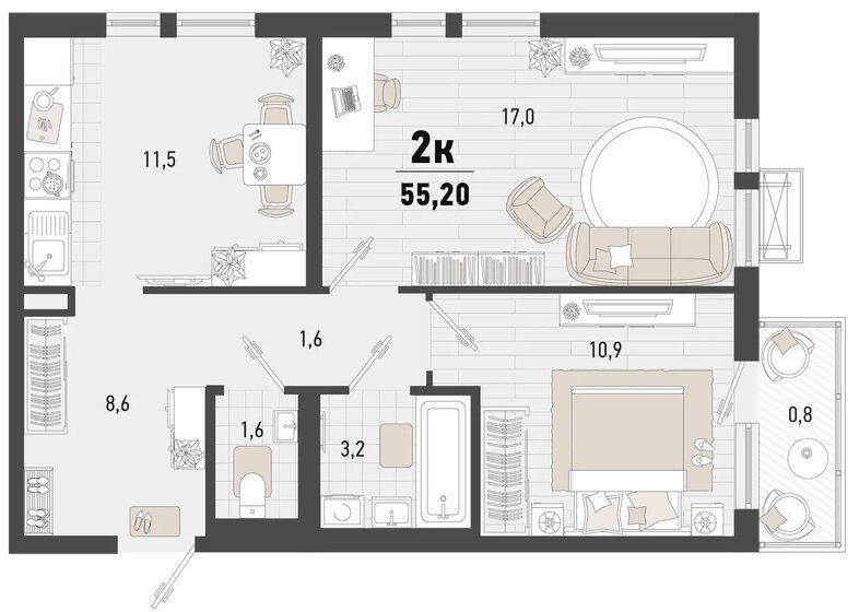 55,2 м², 2-комнатная квартира 12 756 720 ₽ - изображение 1