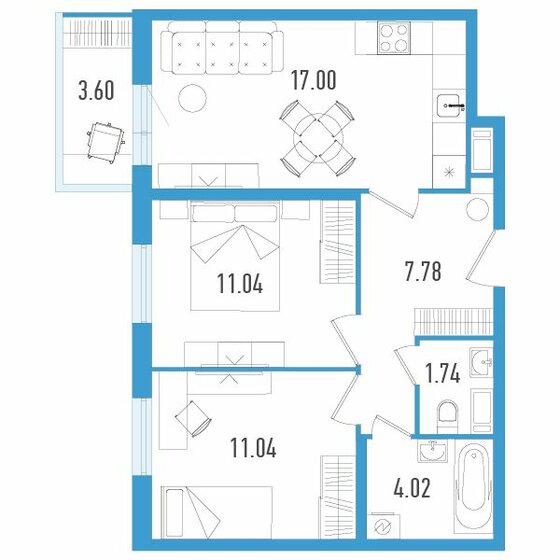 53,7 м², 2-комнатная квартира 9 397 500 ₽ - изображение 1