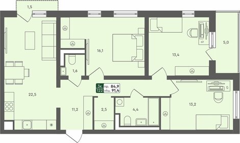 Квартира 91,4 м², 3-комнатная - изображение 1