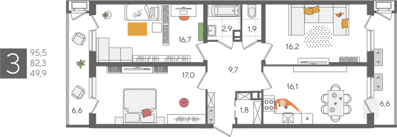 Квартира 95,5 м², 3-комнатная - изображение 2