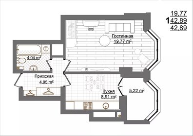 Квартира 42,9 м², 1-комнатная - изображение 1