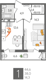44,6 м², 1-комнатная квартира 8 398 180 ₽ - изображение 5