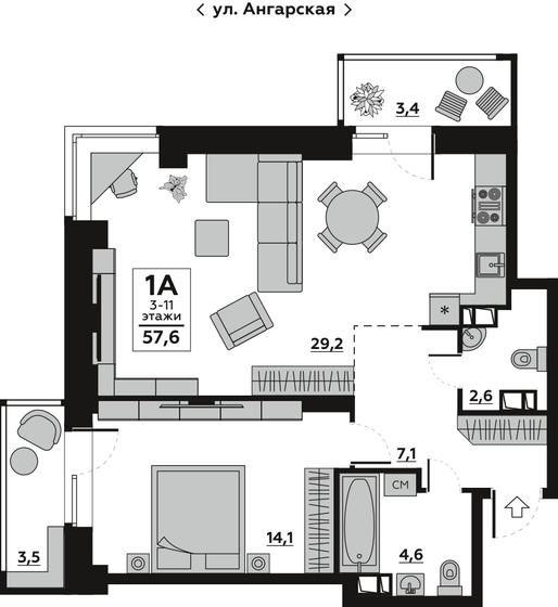 57,6 м², 1-комнатная квартира 8 000 000 ₽ - изображение 1