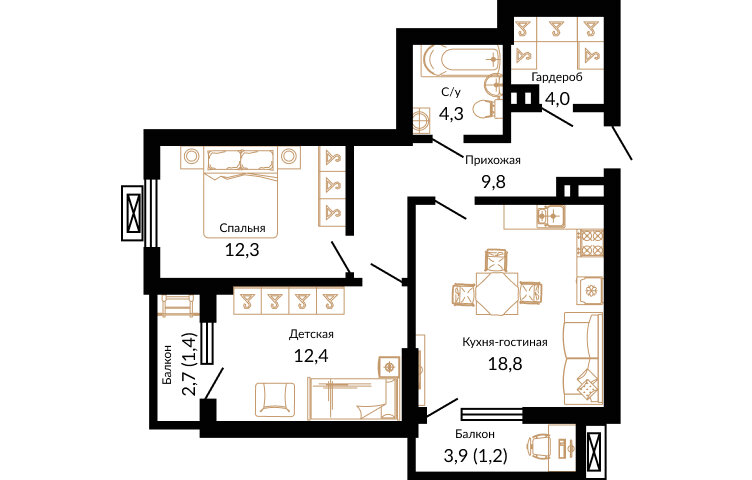 64,3 м², 2-комнатная квартира 9 405 300 ₽ - изображение 1