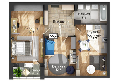 Квартира 66,4 м², 3-комнатная - изображение 1