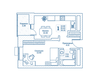 Квартира 34,3 м², 1-комнатная - изображение 1