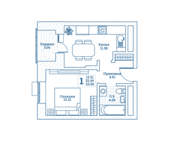 Квартира 34 м², 1-комнатная - изображение 1