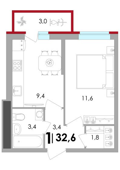 32,6 м², 1-комнатная квартира 4 219 110 ₽ - изображение 1