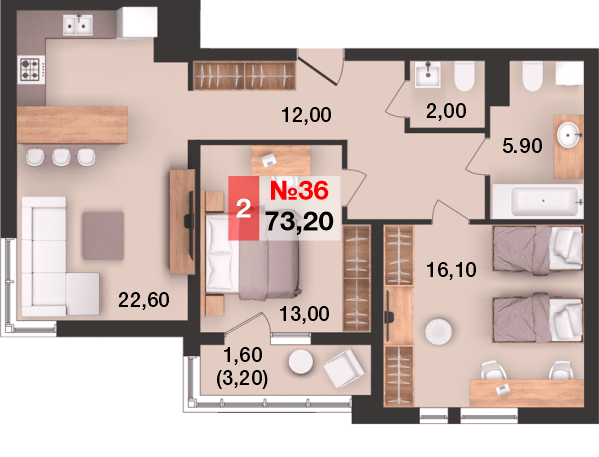 73,2 м², 2-комнатная квартира 8 052 000 ₽ - изображение 1