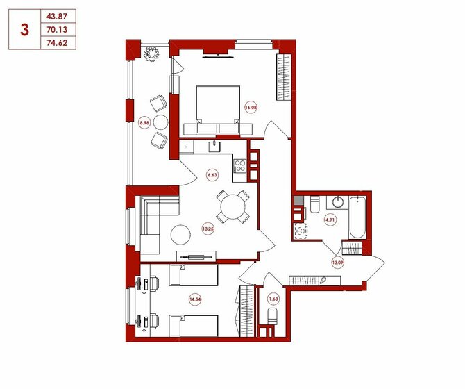 74,6 м², 3-комнатная квартира 7 088 900 ₽ - изображение 1