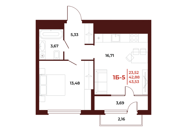 43,5 м², 1-комнатная квартира 4 614 180 ₽ - изображение 1