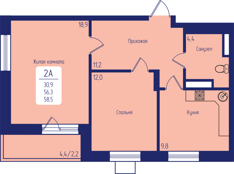 58,5 м², 2-комнатная квартира 8 892 000 ₽ - изображение 1