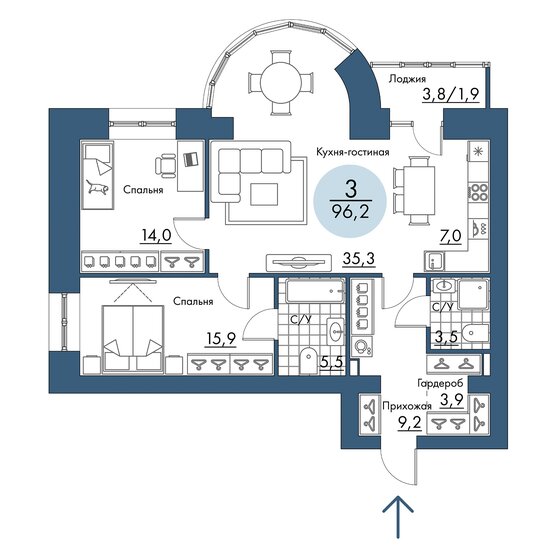 96,2 м², 3-комнатная квартира 17 604 600 ₽ - изображение 1