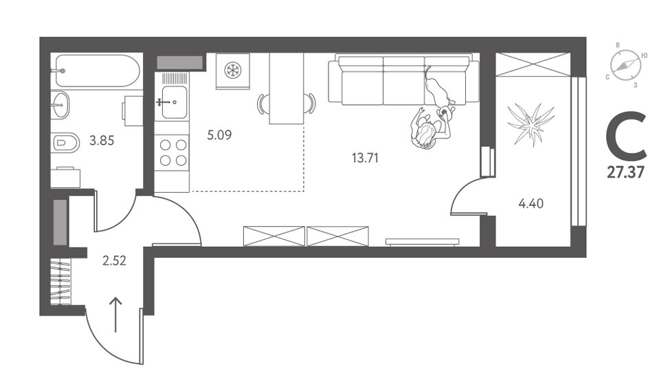 27,4 м², квартира-студия 3 448 620 ₽ - изображение 1