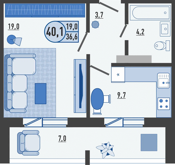 40,1 м², 1-комнатная квартира 3 617 020 ₽ - изображение 1