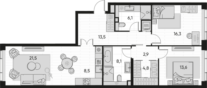 93 м², 3-комнатная квартира 26 000 000 ₽ - изображение 144