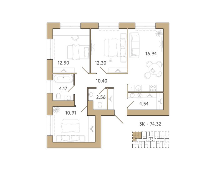 75 м², 3-комнатная квартира 9 372 500 ₽ - изображение 1