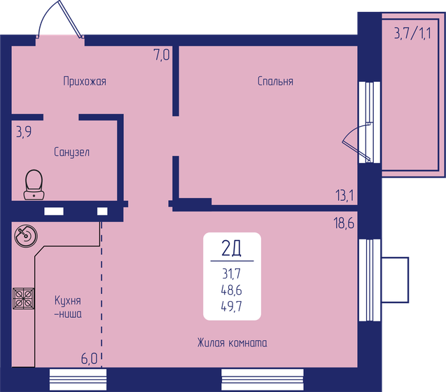 49,7 м², 2-комнатная квартира 8 001 700 ₽ - изображение 1