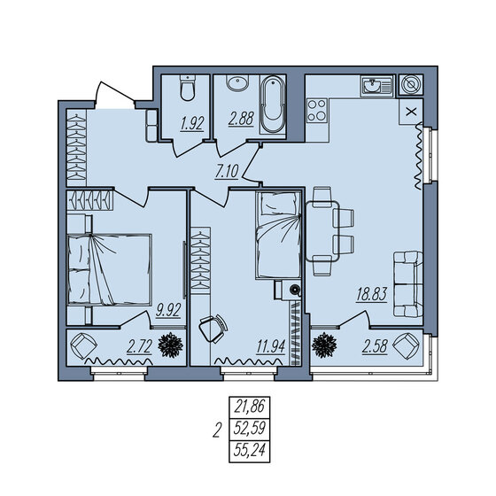 55,2 м², 2-комнатная квартира 5 137 320 ₽ - изображение 1