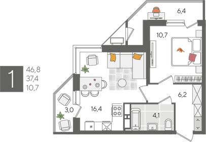 Квартира 46,8 м², 1-комнатная - изображение 2