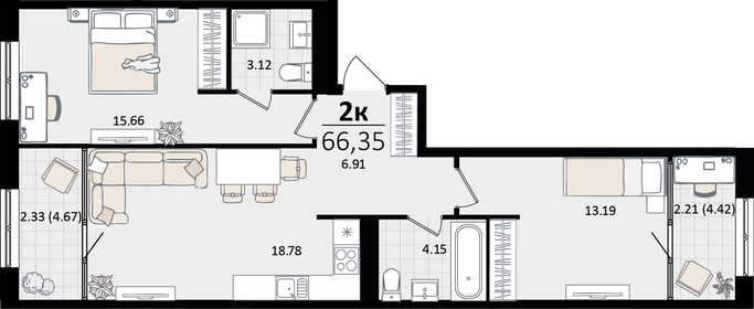 Квартира 66,4 м², 2-комнатная - изображение 1