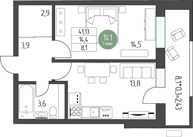 46,8 м², 1-комнатная квартира 6 004 980 ₽ - изображение 16