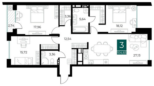 Квартира 104,7 м², 3-комнатная - изображение 1